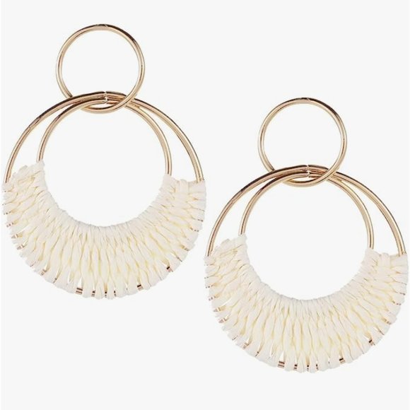 White Woven Raffia Gold Hoop Earrings Wicker Hoops Links Post Summer Style New - Picture 4 of 6